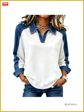 Women's Patchwork Denim Accent Pullover Sweatshirt Long Sleeve